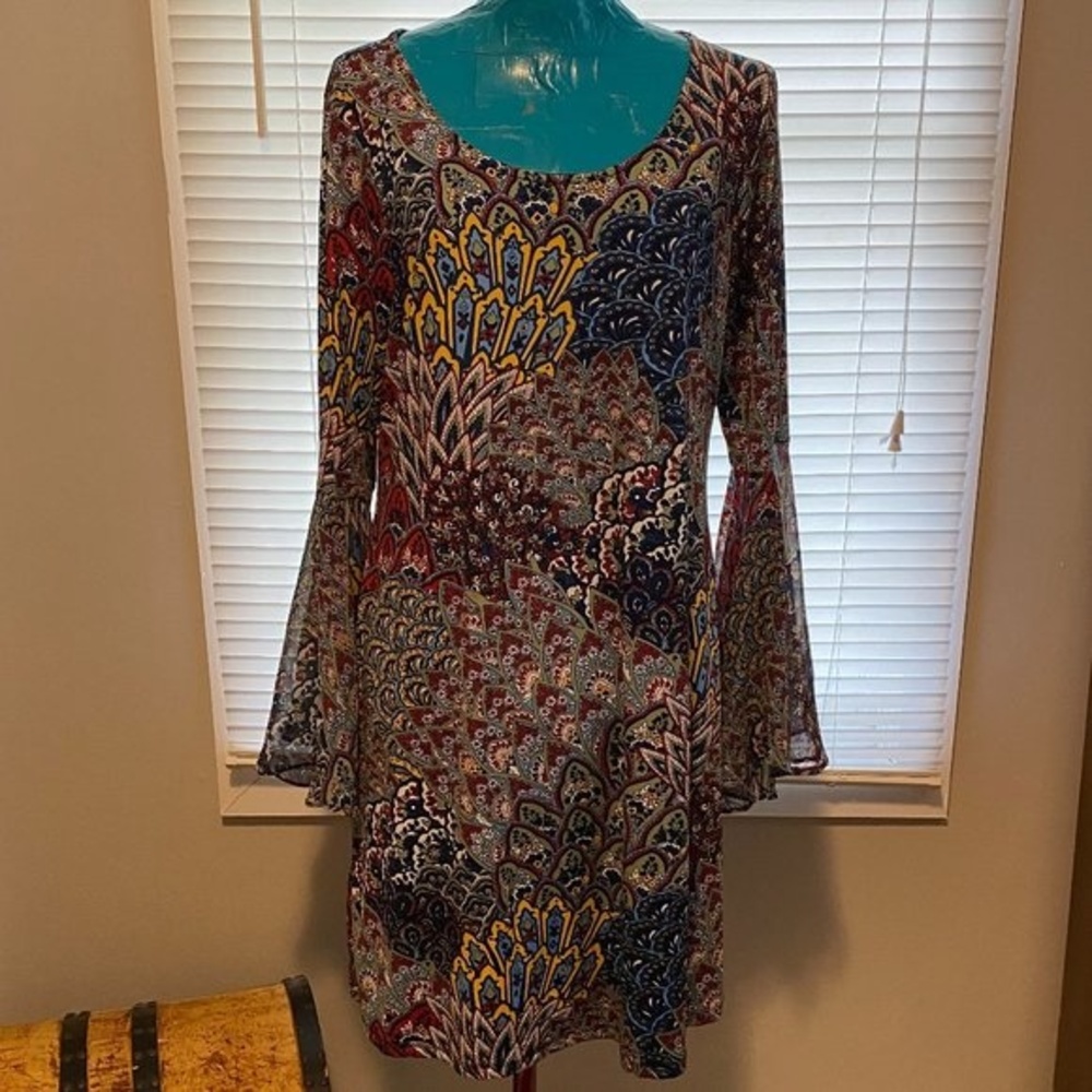 Always Indigo Boho Cottagecore Bell Sleeve Scoop Neck Womens Dress Size 1X